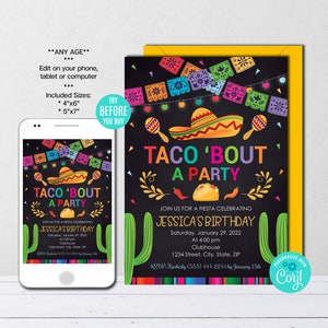Editable Taco &#39;Bout A Party Invitation, Mexican Invitation, Fiesta Invitation, Party Invite, Printable Template, Instant Download, CORJL