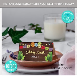 Cartão de comida mexicana editável, cartão de lugar mexicano, tenda, festa de aniversário, chá de bebê, mexicano, download instantâneo, corjl