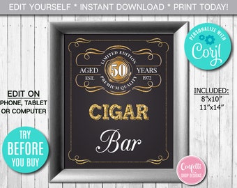 Editable Cigar Bar Sign ANY AGE to Perfection Birthday Party Sign Gold Whiskey Label Sign, Party Decor Instant Download CORJL Template