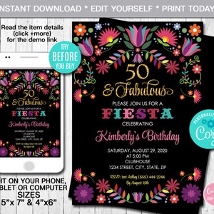 Editable Birthday Invitation, Fifty Birthday, Fifty & Fabulous, Mexican theme Invitation, Fiesta Invitation, Instant Download, Digital File