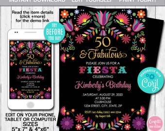 Editable Birthday Invitation, Fifty Birthday, Fifty & Fabulous, Mexican theme Invitation, Fiesta Invitation, Instant Download, Digital File