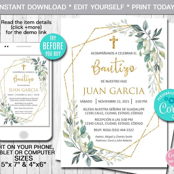 Editable Baptism Invitation, Boy, Spanish, Greenery, Gold, Christening Invitation, Printable Invitation, Instant Download, Digital, Corjl