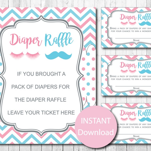 Diaper Raffle Tickets and Sign, Gender Reveal, Staches or Lashes, Boy or Girl, He or She, Pink, Blue, Baby Shower, Instant Download