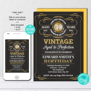 40th Birthday Invitation Template for Adult, Editable Aged To Perfection Birthday Party Invite, Whiskey label Theme, Gold, Instant Download