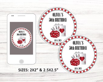 May include: Two round white and red casino themed stickers with the text "Olivia's 50th Birthday" and "Jan 4, 2025". The stickers feature a red dice, playing cards, and a red and white checkered border.