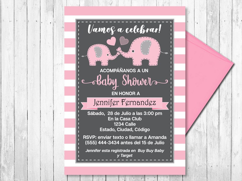 SPANISH Elephant Baby Shower Invitation Girl Pink and Gray | Etsy