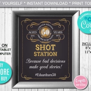 Cartello modificabile per stazione di tiro Età alla perfezione Cartello per festa di compleanno QUALSIASI ETÀ Etichetta per whisky in oro Decorazione per feste Download immediato Modello CORJL