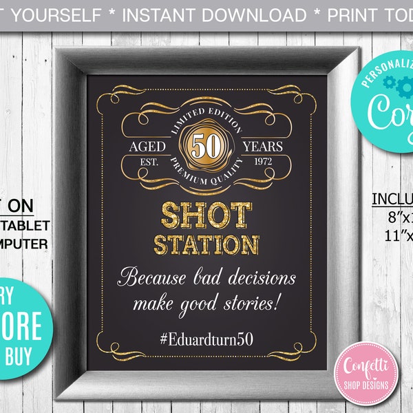 Editable Shot Station Sign Age to Perfection Birthday Party Sign ANY AGE Gold Whiskey Label Sign Party Decor Instant Download CORJL Template