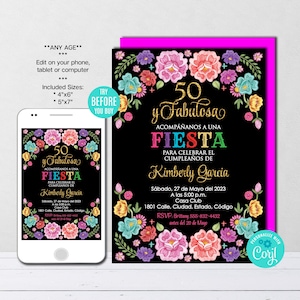 Editable Mexican Birthday Invitation Spanish Fifty Birthday Fifty & Fabulous Mexican theme Invitation Fiesta Invitation, Instant Download