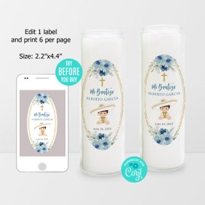 EDITIERBARE Gebetskerzenetikettenvorlage, Charro Boy Taufe Hohe Kerzenetikette, Charrito und blaue Blüten, Gedenkkerze, Instant Download