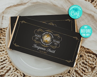 Envoltorio de chocolate para barra de caramelo añejado a la perfección, editable, de 1.55 oz, etiqueta de recuerdo dorada, decoración vintage para fiesta de cumpleaños, descarga instantánea e imprimible.