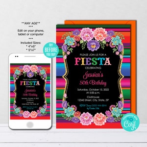 Editable Mexican Birthday Invitation, Mexican Flowers Invitation, Serape and Flowers, Mexican Theme, Mexican Party, Instant Download, CORJL