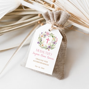 Editable Baptism Favor Tag Girl, Mi Bautizo, Spanish Favor Tag, Angle Gift Tag, Pink Wildflowers  Tag, Printable Template, Instant Download