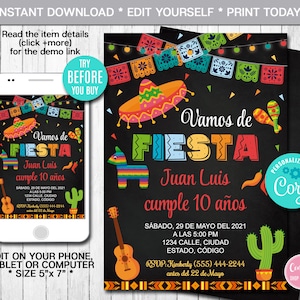 Bewerkbare Mexicaanse Fiesta-verjaardagsuitnodiging, Spaans, ELKE LEEFTIJD, uitnodigen, Fiesta-uitnodiging, Instant Download, Invitacion Fiesta Mexicana