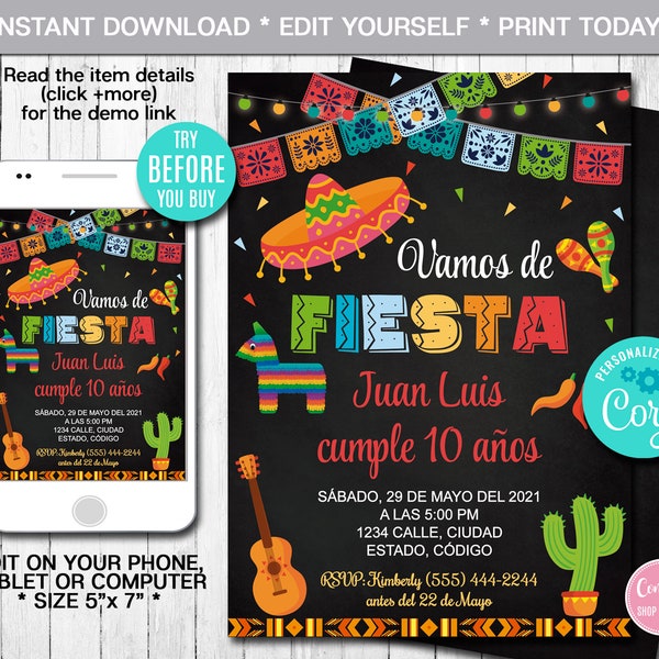 Editable Mexican Fiesta Birthday Party Invitation, Spanish, ANY AGE, Invite, Fiesta Invitation, Instant Download, Invitacion Fiesta Mexicana