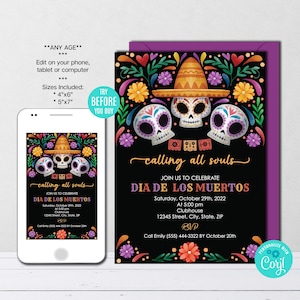 Editable Dia de los Muertos Invitation Day of the Death Invitation Halloween Party Invite Mexican Skull Invitation Instant Download CORJL