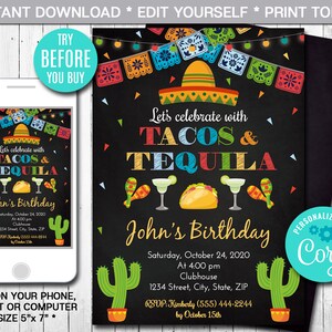 Editable Taco and Tequila Birthday Invitation, Mexican Invitation, Fiesta Invitation, Party Invite, Instant Download, Digital File, CORJL