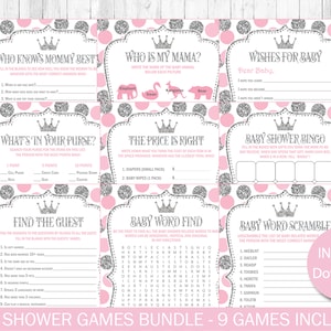 May include: A collection of nine pink and silver baby shower games. Each game card features a crown design and includes titles like "Who Knows Mommy Best?" and "Baby Word Scramble." The words "Instant Download" are also visible.