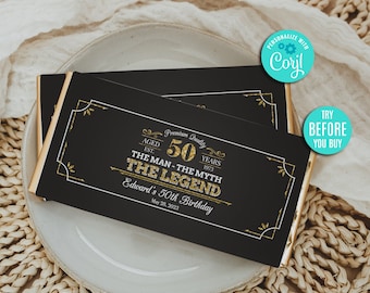 Etiqueta de regalo editable de El Hombre, el Mito, la Leyenda, barra de caramelo de 1.55 oz, recuerdo vintage para fiesta de cumpleaños, decoración para fiesta, descarga instantánea, imprimible, CORJL