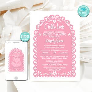 Faire-part de baptême et 1er anniversaire Cielito Lindo, modèle modifiable, thème Barro mexicain, rose Papel Picado, fleurs Talavera, CORJL