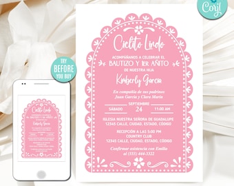 Cielito Lindo Baptism and 1st Birthday Invitation, Editable Template, Mexican Barro Theme, Pink Papel Picado, Talavera Flowers, CORJL