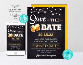 Editable Save the Date Template ANY AGE Gold Beer Save the Date Beer Theme Beer Birthday Party Instant Download Printable CORJL