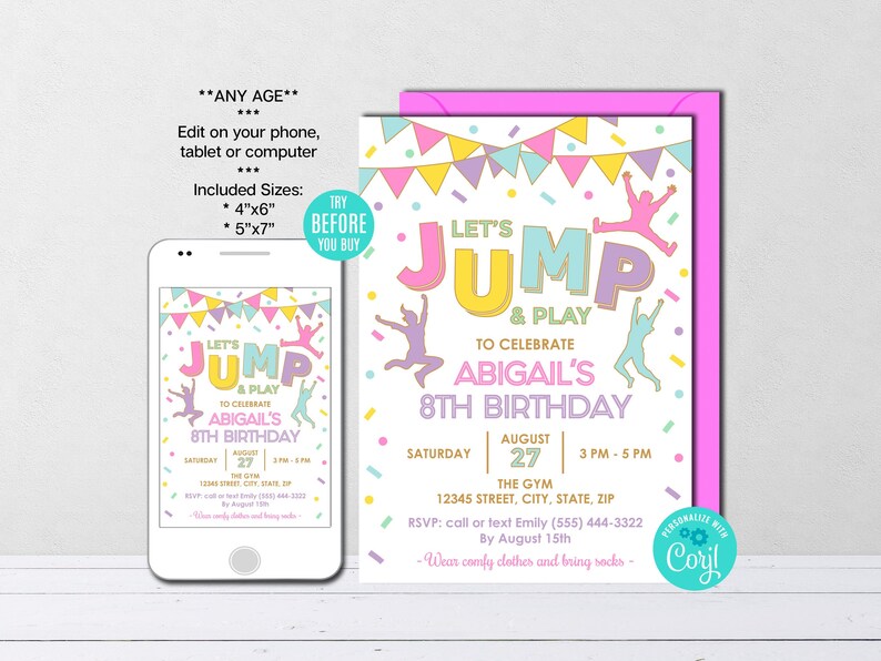 Editable Jump Birthday Invitation Girl Jump Invitation Etsy