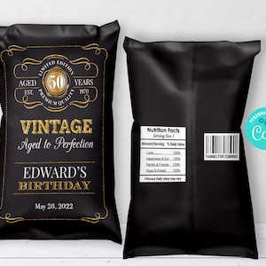 Envoltorio de bolsa de papas fritas de cumpleaños editable, bolsa de papas fritas añejada a la perfección, bolsa de papas fritas de whisky de recuerdo de fiesta de cumpleaños vintage, descarga instantánea CORJL