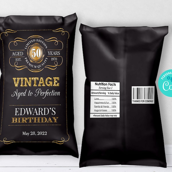 Editable Birthday Chip Bag Wrapper Aged to Perfection Chip Bag Vintage Birthday Party Favor  Whiskey Chips Bag Instant Download CORJL