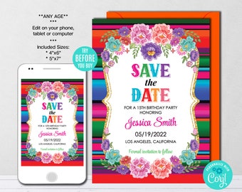 Editable Save The Date Template, Mexican Theme, Serape, Mexican Flowers, Wedding, Birthday, Printable, Instant Download, Digital File Corjl