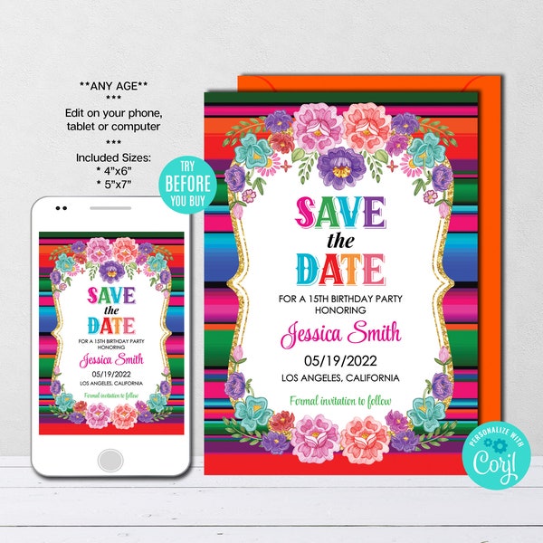 Editable Save The Date Template, Mexican Theme, Serape, Mexican Flowers, Wedding, Birthday, Printable, Instant Download, Digital File Corjl