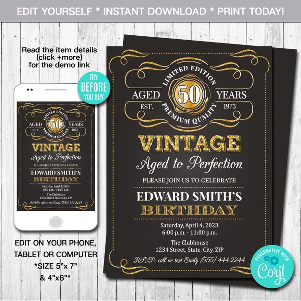 Editable Aged to Perfection Birthday Invitation, ANY AGE, Gold, Whiskey Label Birthday Invitation, Vintage Birthday Party, Instant Download