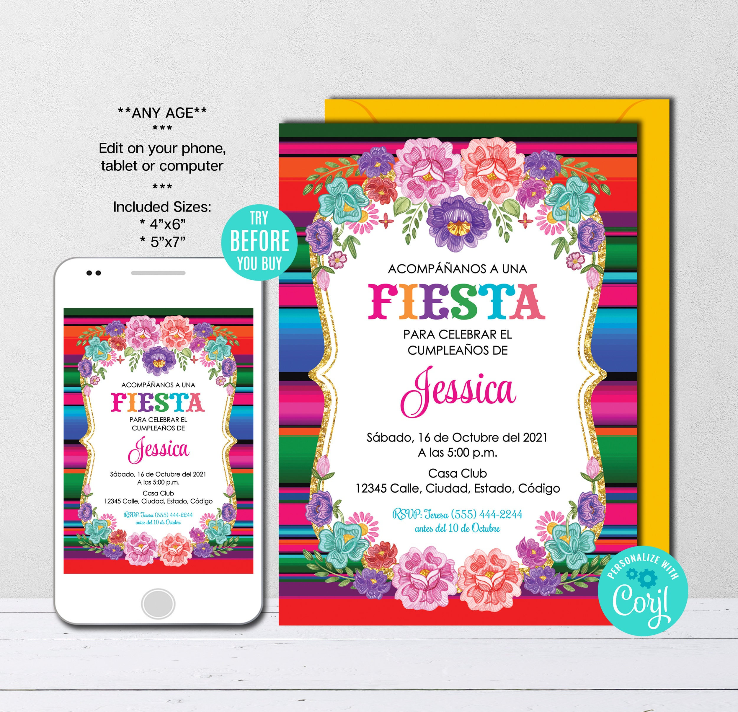 Editable Mexican Fiesta Birthday Invitation, Spanish Mexican Flowers Invite, Sarape Flowers Mexican Theme, Mexican Party, Instant Download