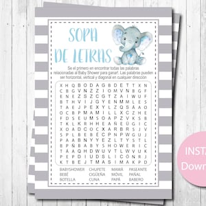 Jeu de recherche de mots pour bébé éléphant espagnol, garçon, bleu et gris, éléphant aquarelle, Sopa de Letras, Shower de bébé Juego, Elefante, téléchargement immédiat