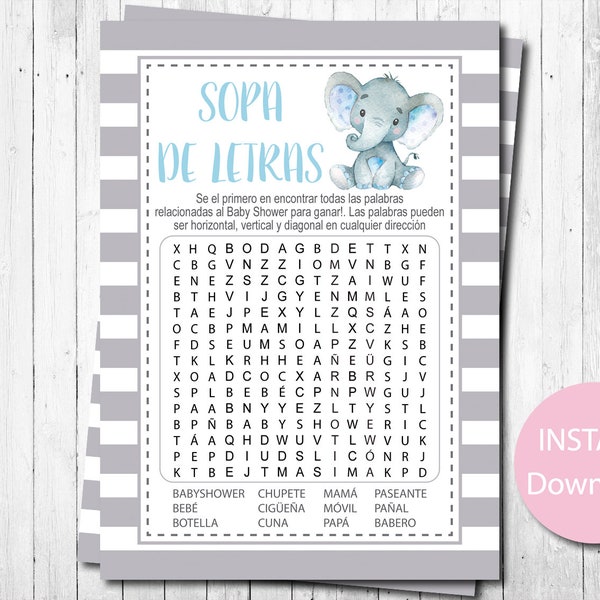 Spanish Elephant Baby Word Find Game, Boy, Blue and Gray, Watercolor Elephant, Sopa de Letras, Juego Baby Shower, Elefante, Instant Download