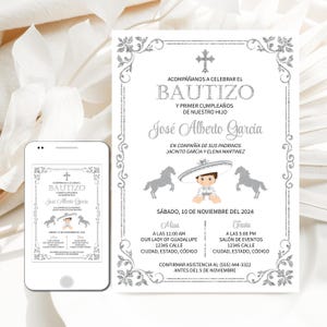 Convite de Batismo e Aniversário Charro Espanhol, Modelo Editável, Convite Charro para Menino Prateado, Tema México, Download Instantâneo