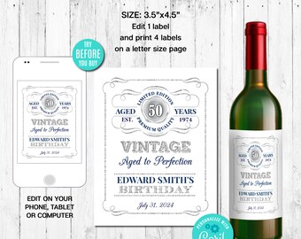Plantilla EDITABLE de etiqueta de botella de vino, envejecida a la perfección, plata y azul marino, vintage, etiqueta de whisky, descarga instantánea, CORJL
