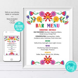 Bearbeitbares Bar-Menü-Schild, Fiesta Party-Menü-Vorlage, Mexikanische Party, Mexikanische Blumen-Thema, Benutzerdefiniertes Schild, Sofort-Download, Partydekoration, CORJL