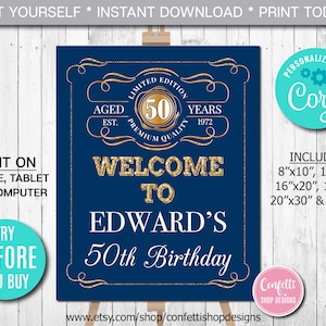 Editable Aged to Perfection Welcome Sign ANY AGE Party Welcome Sign Navy Blue Whiskey Label Welcome Sign, Party Decor Instant Download
