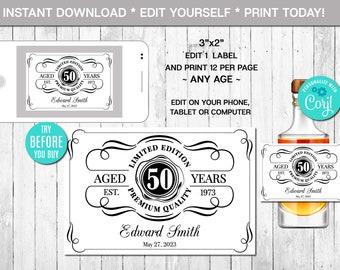 EDITABLE Mini Liquor Bottle Label, Aged to Perfection, Any Age, Whiskey Label, Instant Download, CORJL, Digital File, Printable