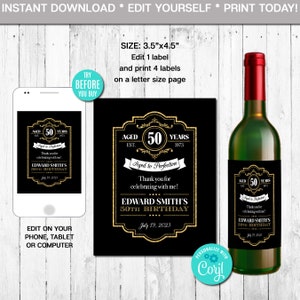 EDITABLE Wine Bottle Label, Aged to Perfection, Any Age, Gold, Whiskey Label, Retirement, Birthday, Instant Download, CORJL, Digital File