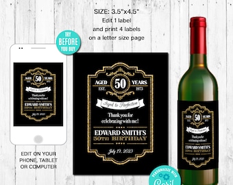 EDITABLE Wine Bottle Label, Aged to Perfection, Any Age, Gold, Whiskey Label, Retirement, Birthday, Instant Download, CORJL, Digital File