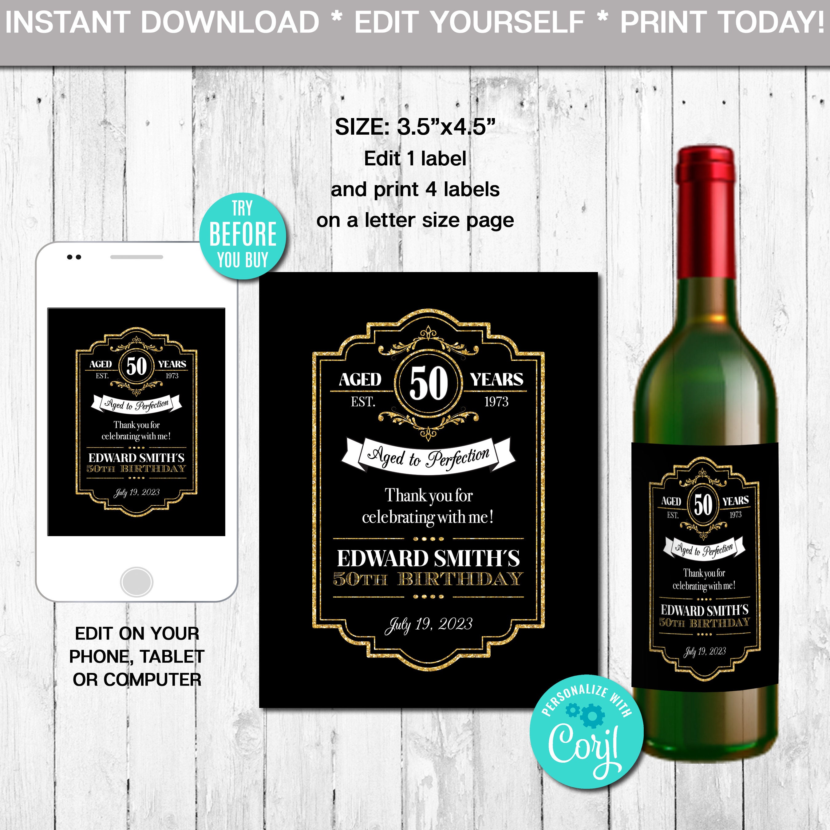 Age Sticker Labels EDITABLE Beer Bottle Label, Aged to Perfection, Any Age, Gold, Whiskey ...