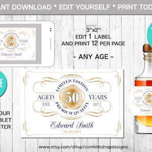 編集可能なミニ酒瓶ラベル、完璧に熟成、あらゆる年齢、ロイヤルブルーとゴールド、ウイスキーラベル、即時ダウンロード、CORJL、デジタルファイル