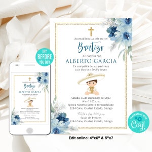 Convite de Batismo Editável, Menino, Convite de Batismo Charro Dourado, Convite com Tema México, Convite Floral Azul Espanhol, Download Instantâneo