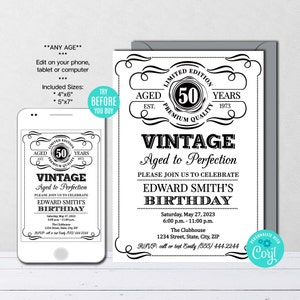 Editable Aged to Perfection Birthday Invitation, ANY AGE, Whiskey Label Birthday Invitation, Vintage Birthday Party, Instant Download, CORJL