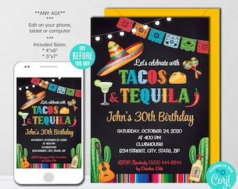 Editable Taco and Tequila Birthday Invitation, Mexican Invitation, Fiesta Invitation, Party Invite, Instant Download, Digital File, CORJL
