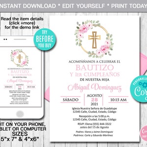 Convite editável de batismo menina espanhol convite de batizado Bautizo rosa e dourado floral modelo de convite para impressão download instantâneo