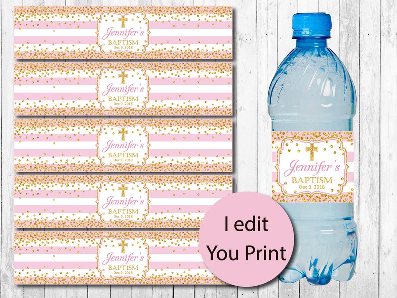 Printable Baptism Water Bottle Labels Girl Christening Pink Etsy