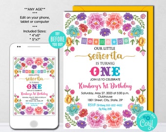 May include: A printable invitation for a first birthday party with a colorful floral design and the text "Our Little Senorita is Turning One". The invitation includes the birthday girl's name, date, time, and location of the party.